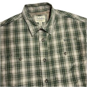 Cabelas Roughneck Shirt Mens L Coolmax Vented Button Outdoor Hiking Green Plaid